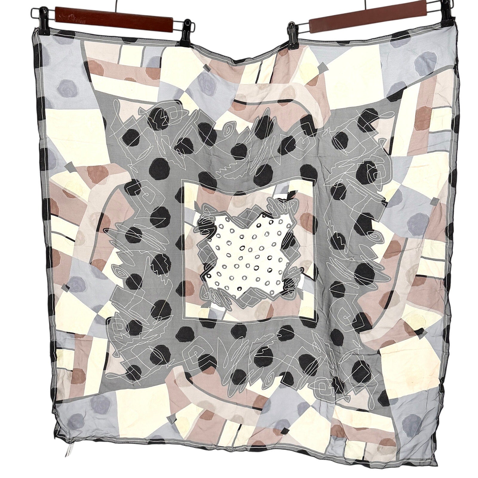 Vintage 90s Hiroko Kapp Black & Beige Abstract Geometric 100% Silk Scarf