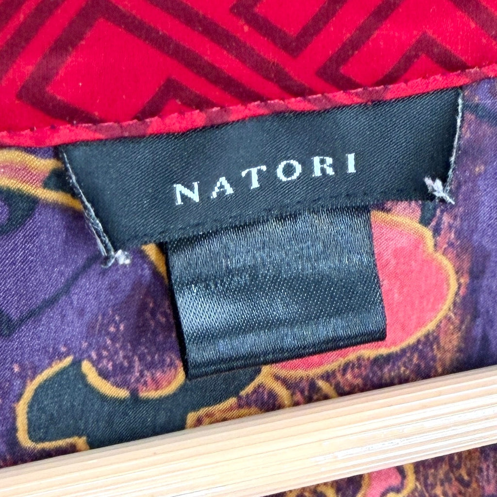 Vintage Y2K Natori Red Purple Asian Floral Half Zip Nightgown Kaftan
