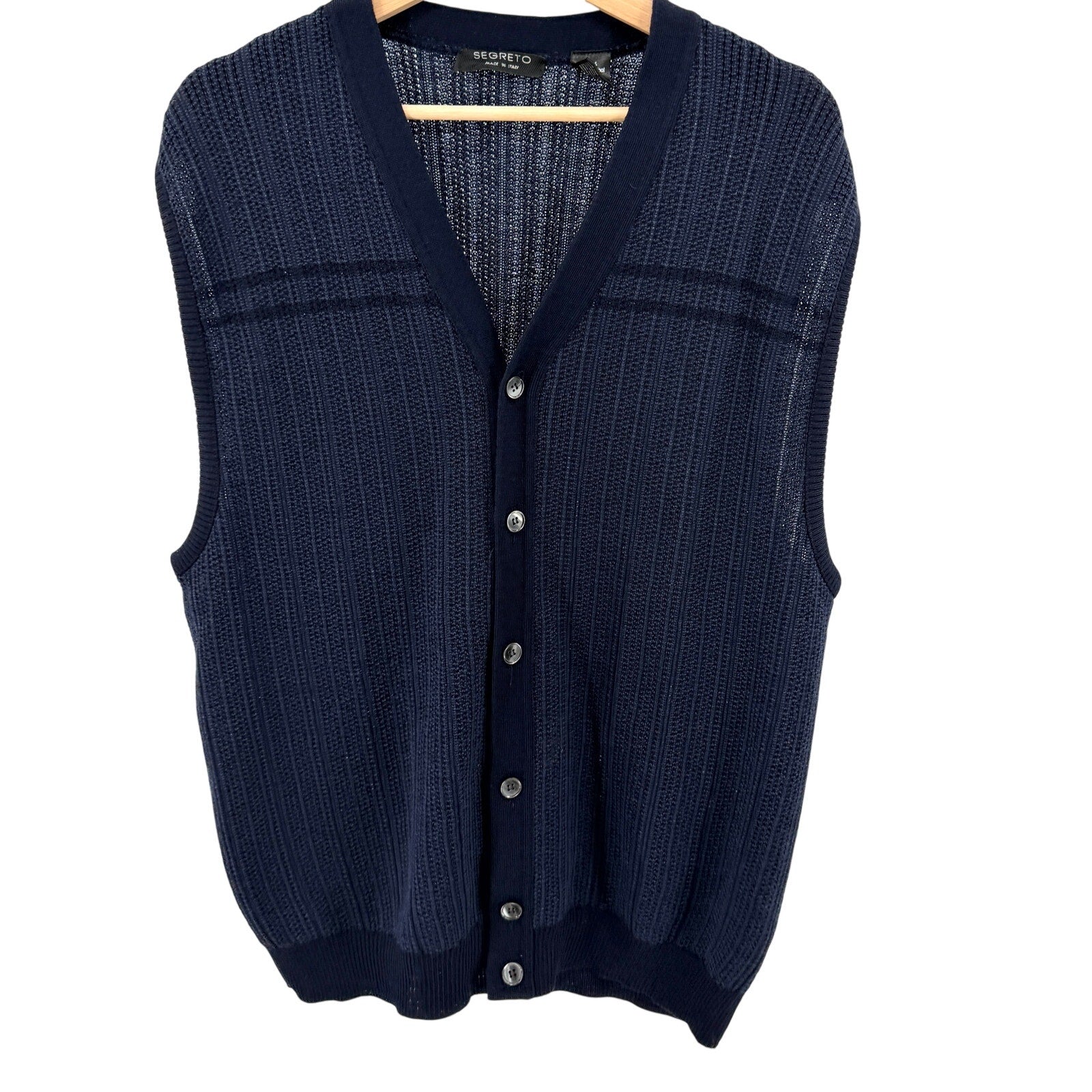 Segreto Navy Blue 100% Merino Wool Ribbed Button Front Cardigan Sweater Vest