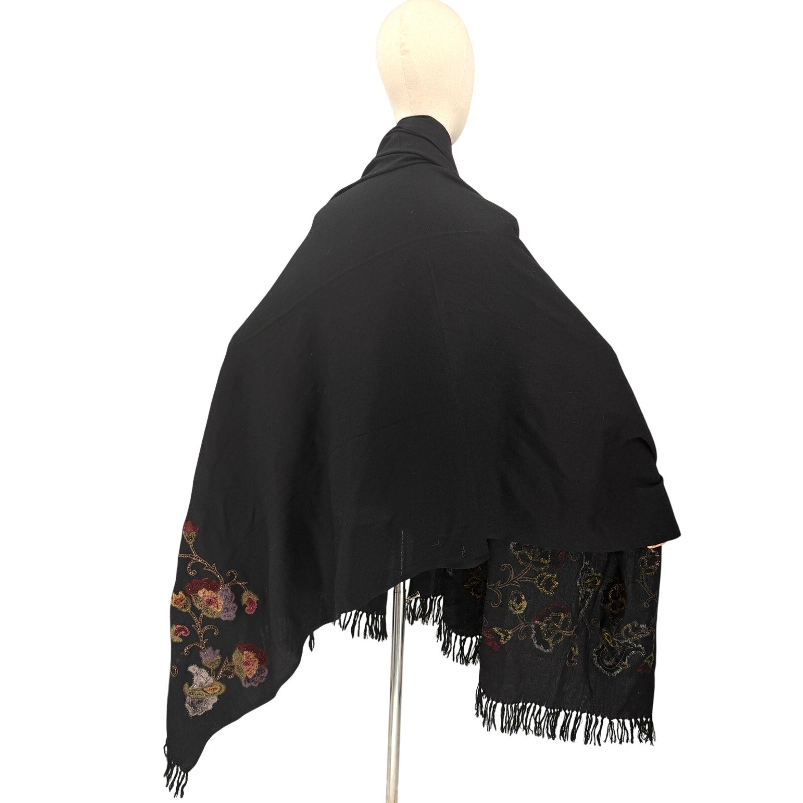 Vintage 90s Malabar Grove Black 100% Wool Velvet Applique Beaded Fringe Shawl