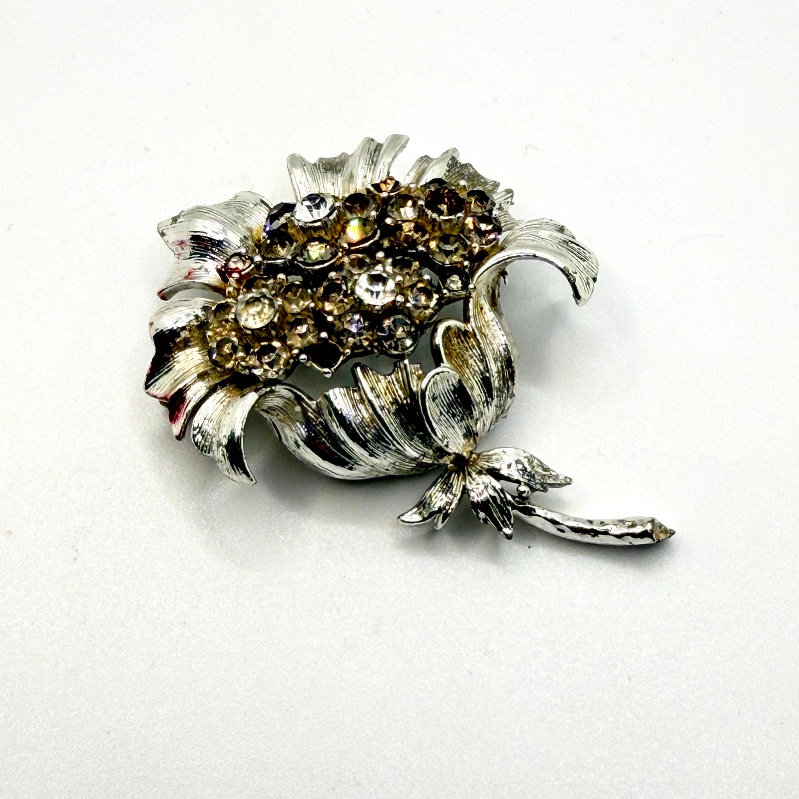 Vintage 60s Sarah Coventry Smoke Silver-tone Midcentury Stamped Floral Brooch