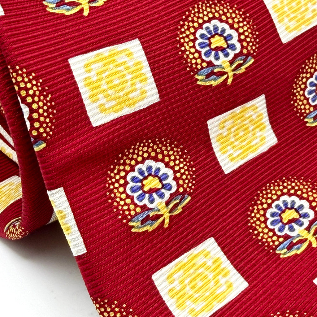 Vintage 90s Balenciaga Silk Red Yellow Floral Medallion Necktie