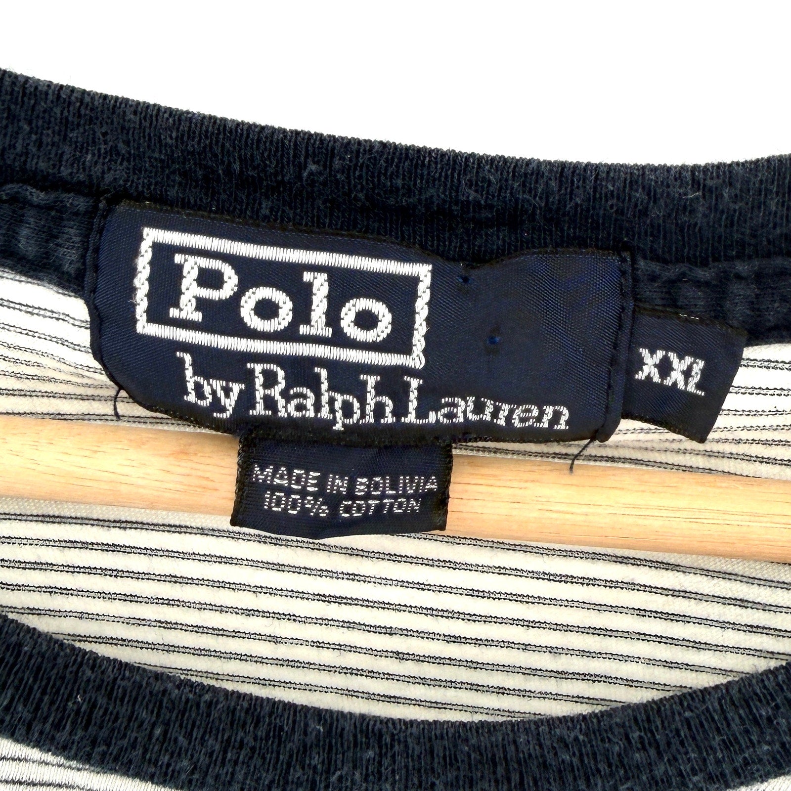 Vintage Y2K Polo Ralph Lauren White Navy Striped 100% Cotton Ringer T-Shirt