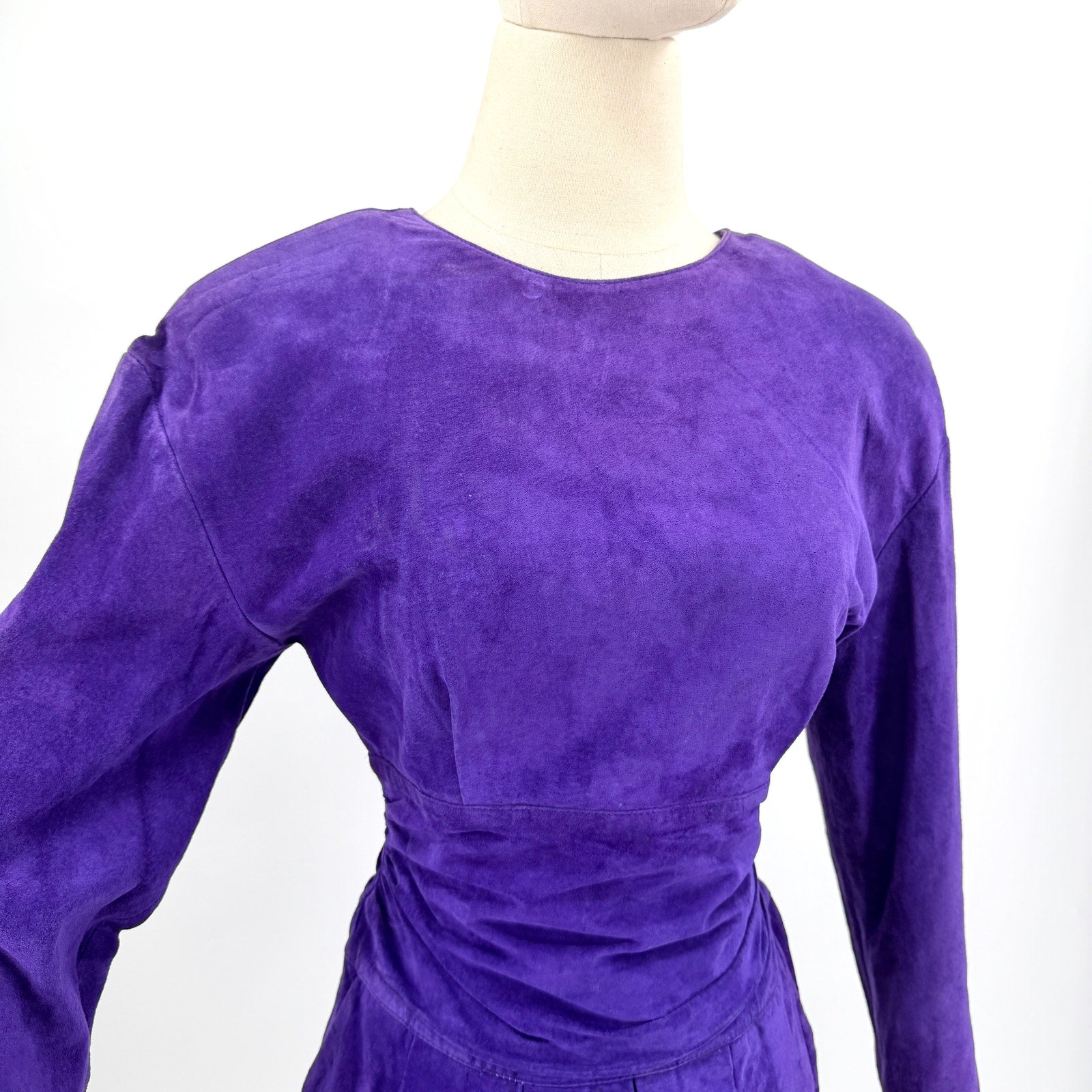 Vintage 80s Lord & Taylor Purple Genuine Suede Ruched Waist Pencil Dress