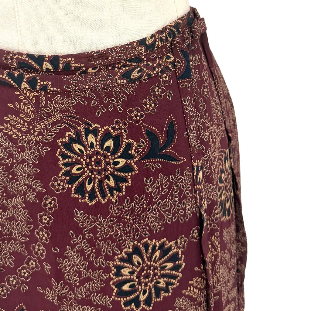 Vintage 90s Ann Taylor Maroon Tan Floral Rayon Boho Wrap Maxi Skirt