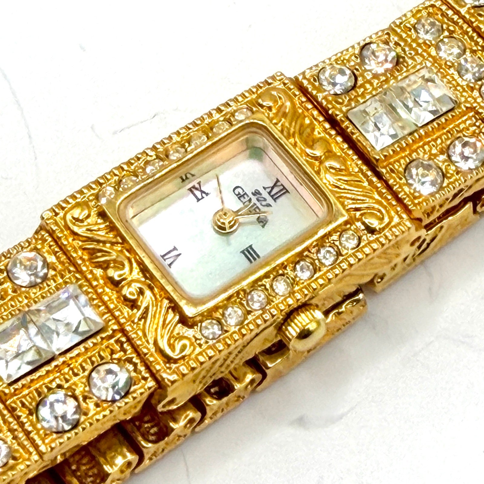Vintage 80s Geneva One Mic Gold Faux Diamond Glam Cocktail Watch Bracelet