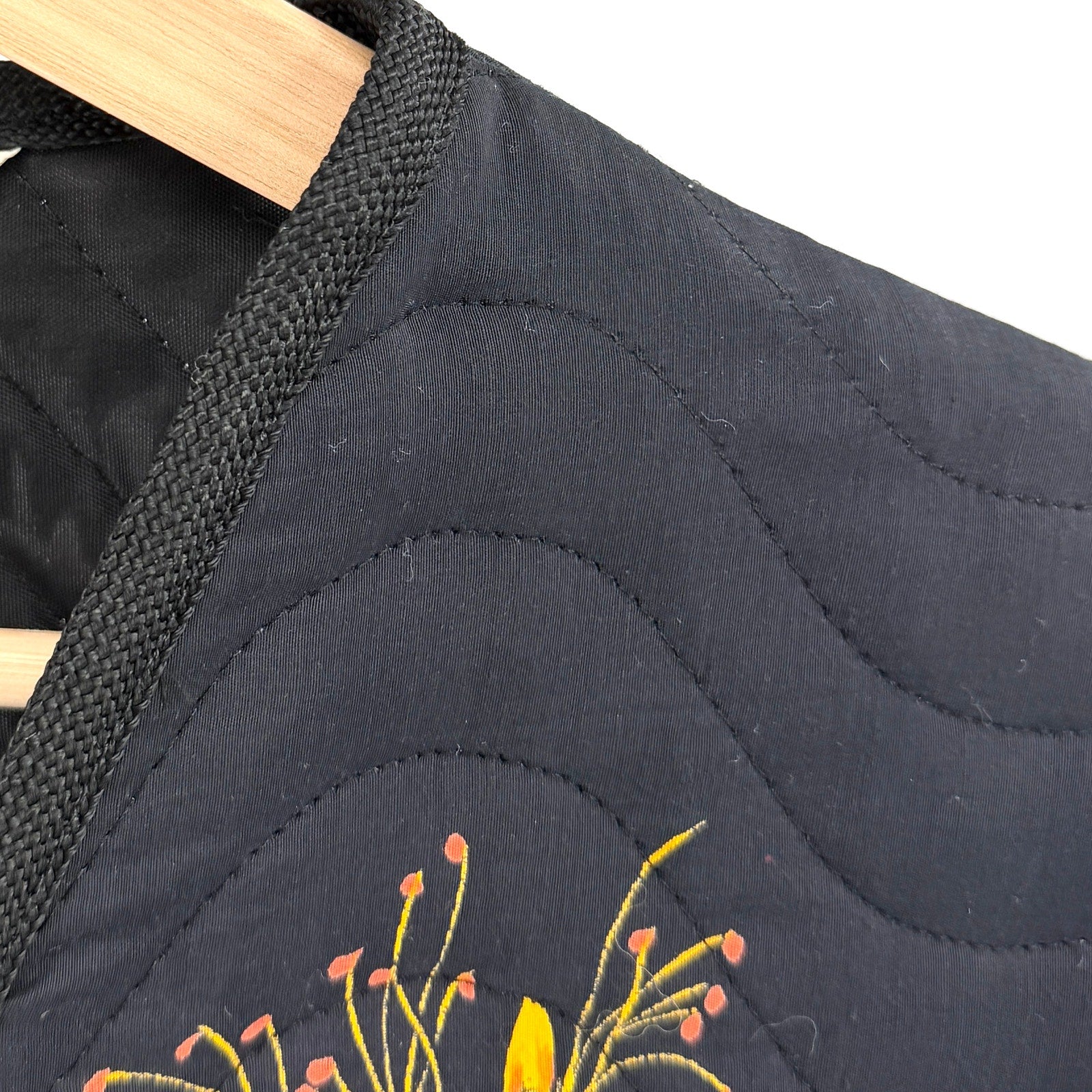 Vintage 90s Bari Black Floral Wearable Art Quilted Open Front Jacket