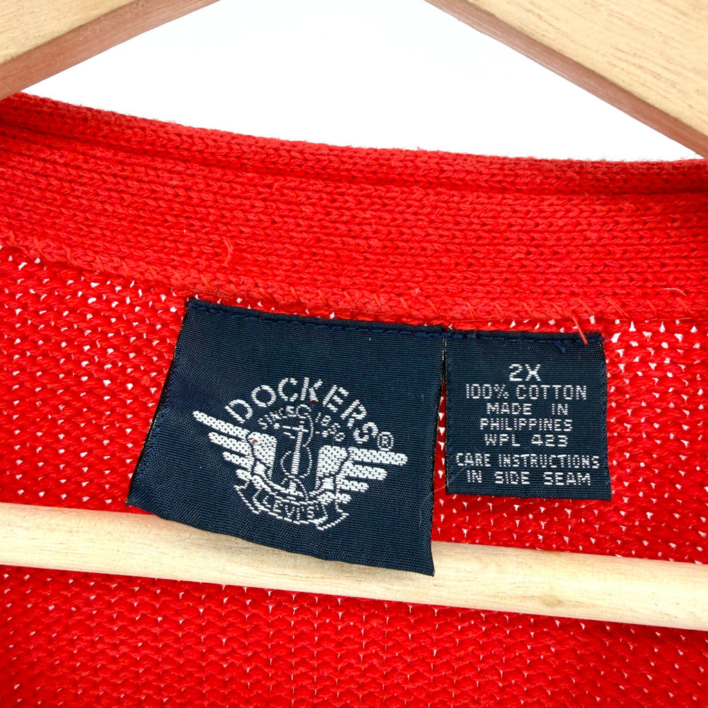 Vintage 90s Dockers Red 100% Cotton Oversized Argyle Cardigan Sweater
