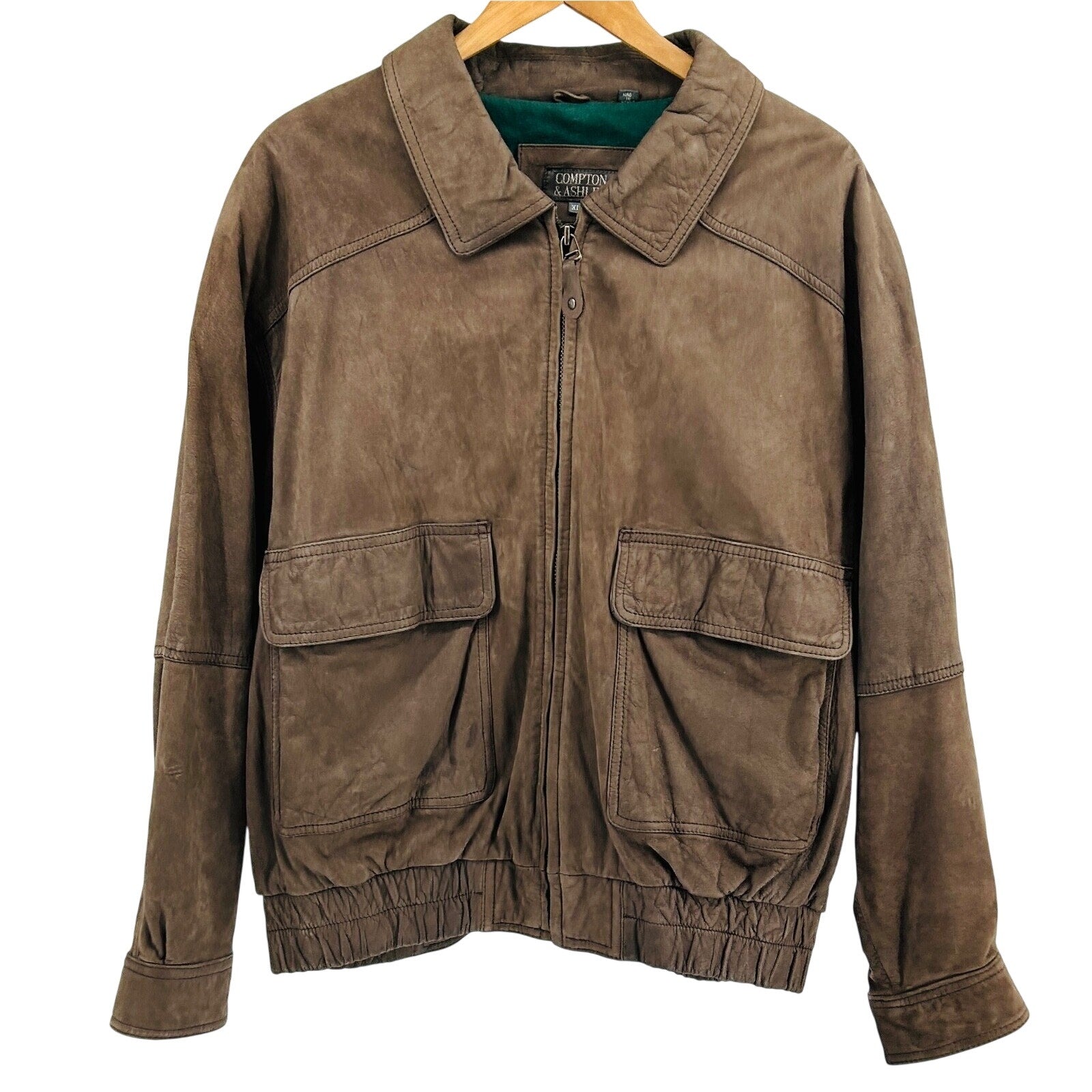 Vintage 90s Compton & Ashley Brown Genuine Suede Leather Bomber Jacket