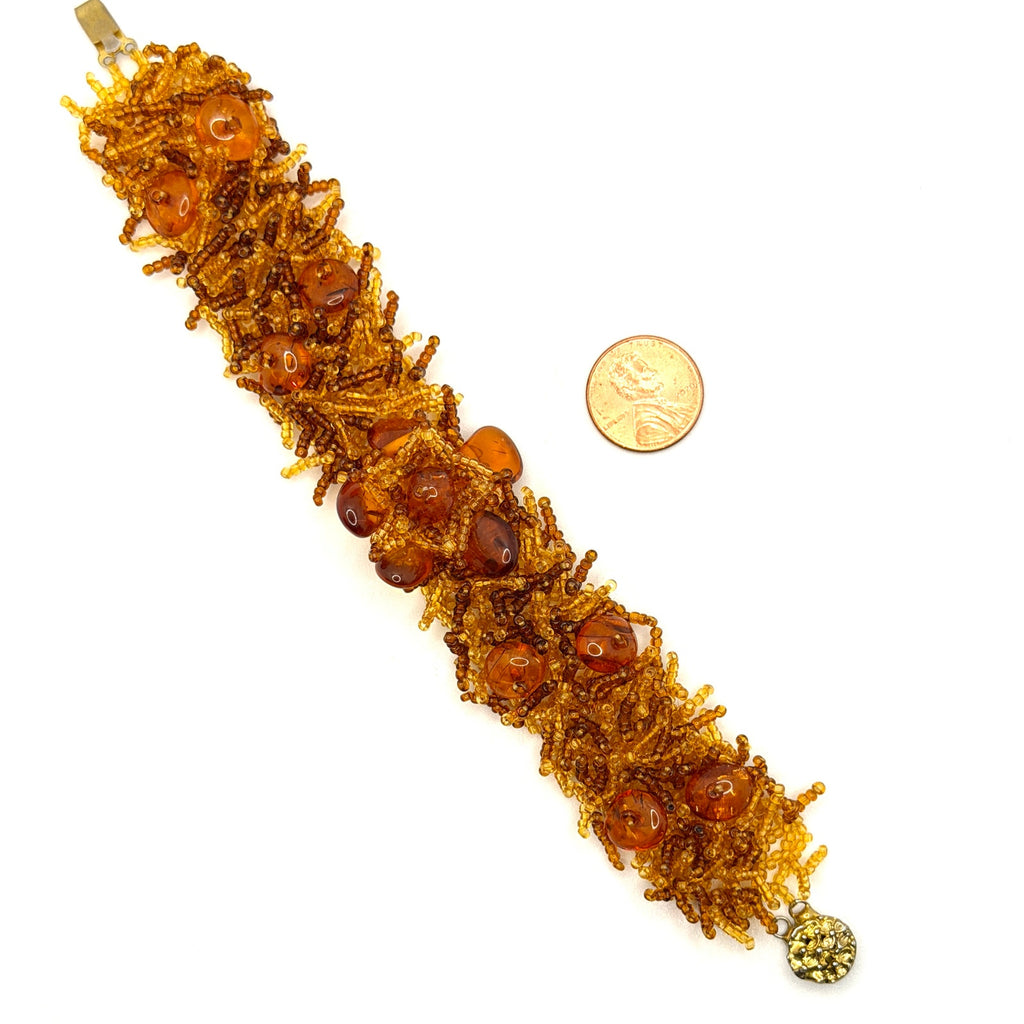 Vintage 90s Amber Gemstone Shag Fringe Beaded Statement Bracelet