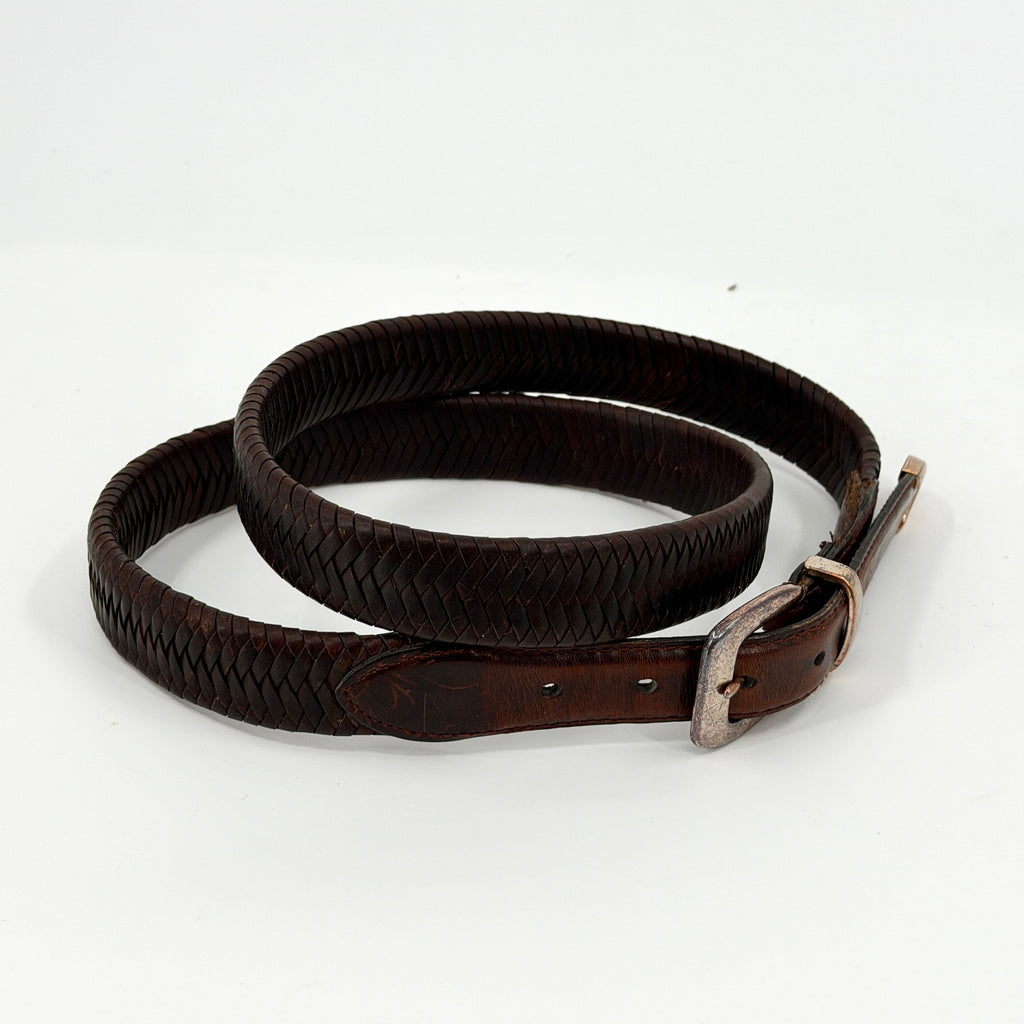 Vintage 90s Brown Genuine Leather Western Woven Silver Tip Belt