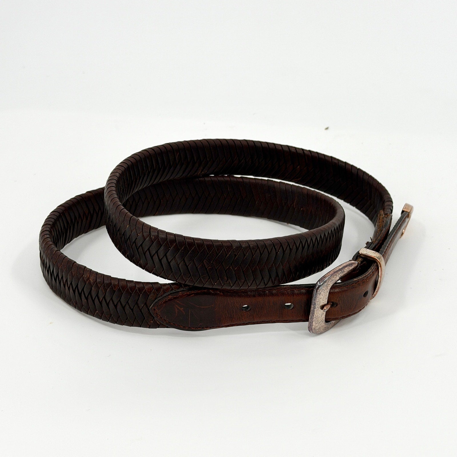 Vintage 90s Brown Genuine Leather Western Woven Silver Tip Belt