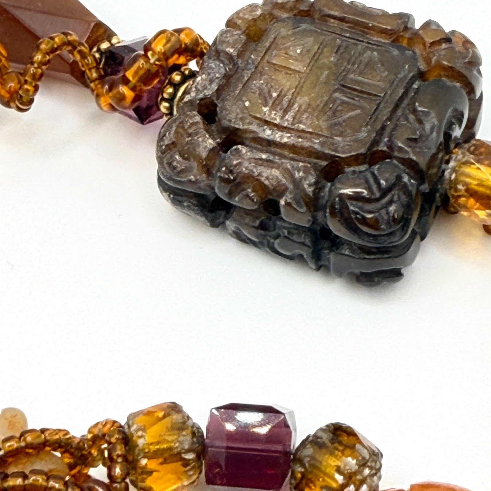 Vintage 90s Earthy Brown Resin Jade Carnelian Deity Statement Necklace