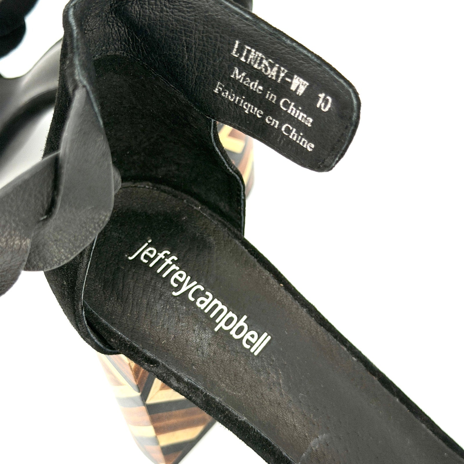 Jeffrey Campbell Black Suede Wood Inlay Geometric Block Heel Lindsay Sandals
