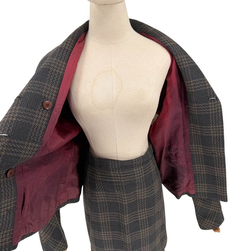 Vintage 90s Emanuel Ungaro Gray Wool Plaid Double Breasted Blazer Skirt Suit