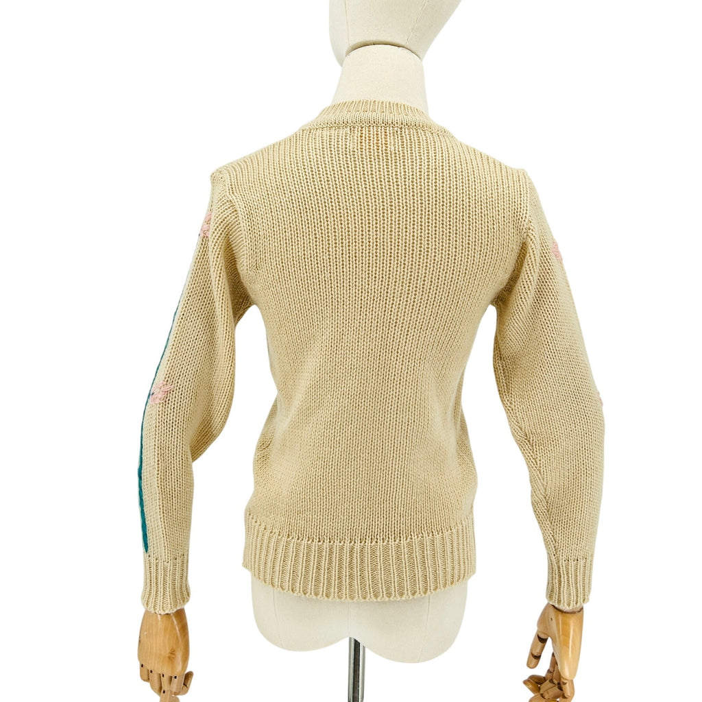 Vintage 80s Beige Teal Pink Floral Embroidered Sweater