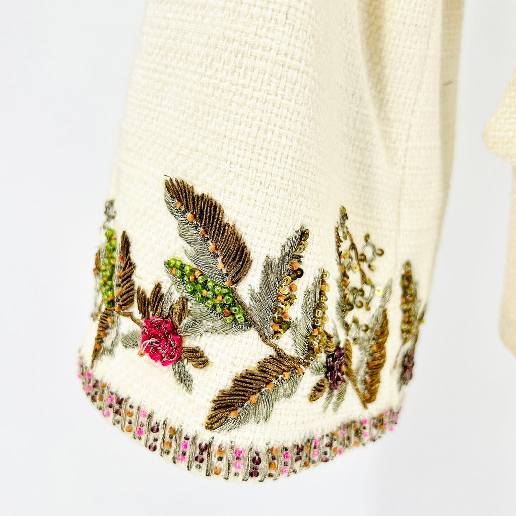Vintage 90s Escada Ivory Cream Beaded Embroidered Linen Cotton Skirt Suit