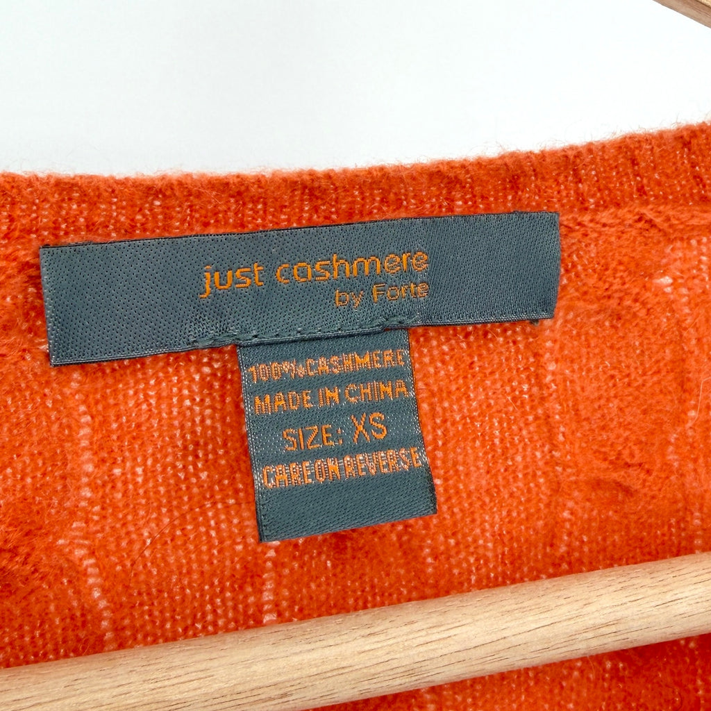 Just Cashmere by Forte Orange Sherbet 100% Cashmere Cable Knit V-Neck Sweater