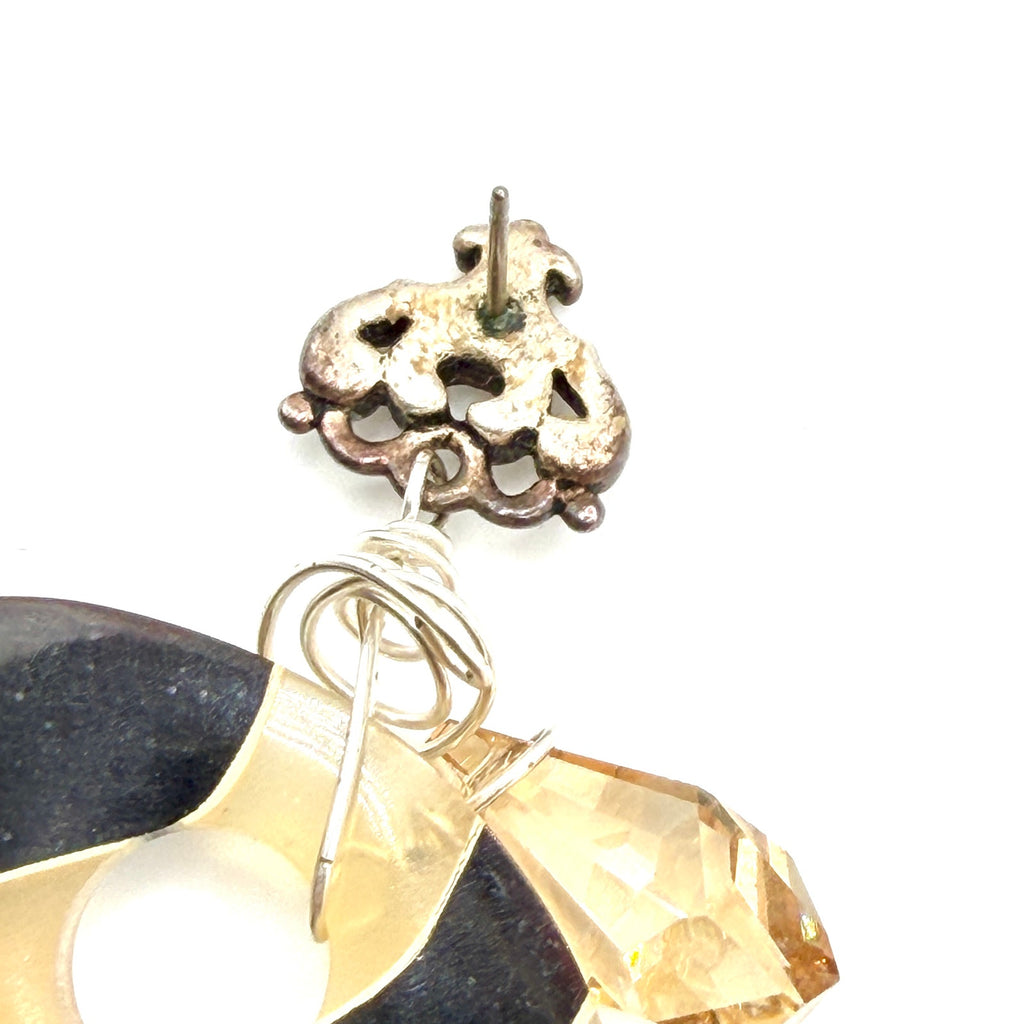 Vintage 90s Sterling Silver Black Tan Striped Resin Tribal Maximal Drop Earrings