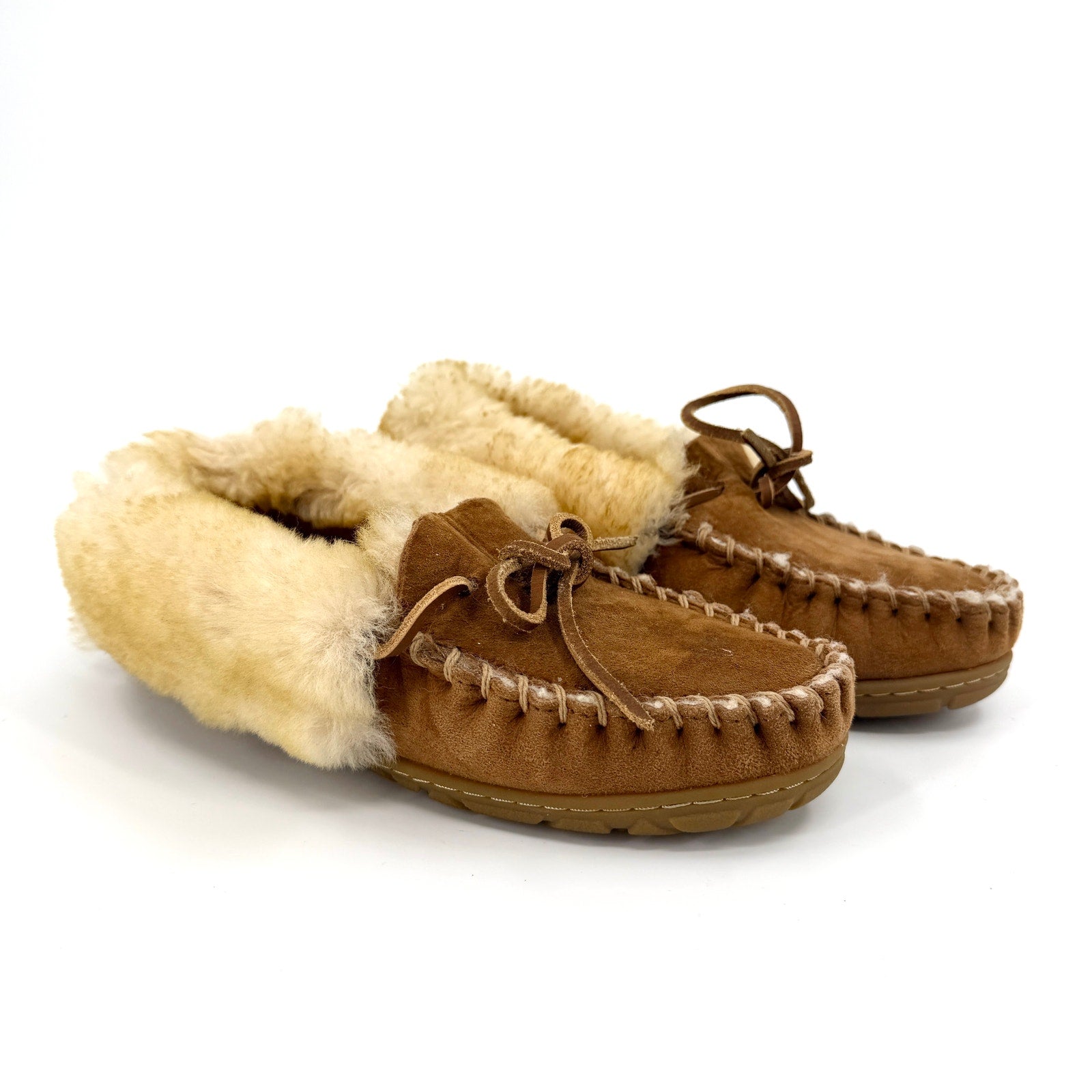 LL Bean Brown Genuine Suede Shearling Moccasin Slippers