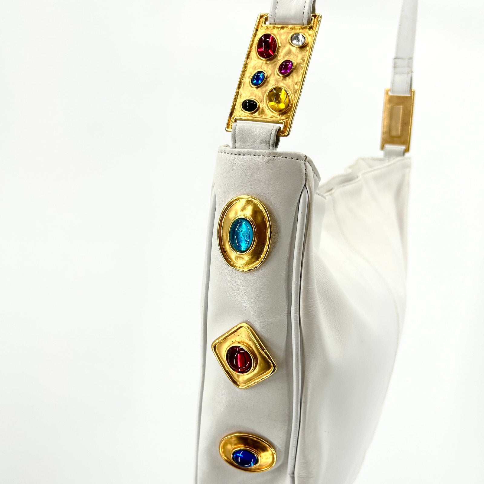 Vintage 80s Joseph B Exclusive White Leather Jewel-Embellished Satchel