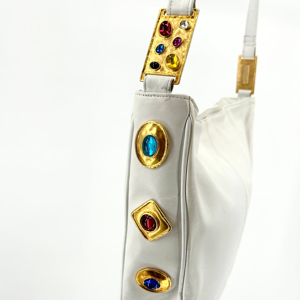 Vintage 80s Joseph B Exclusive White Leather Jewel-Embellished Satchel