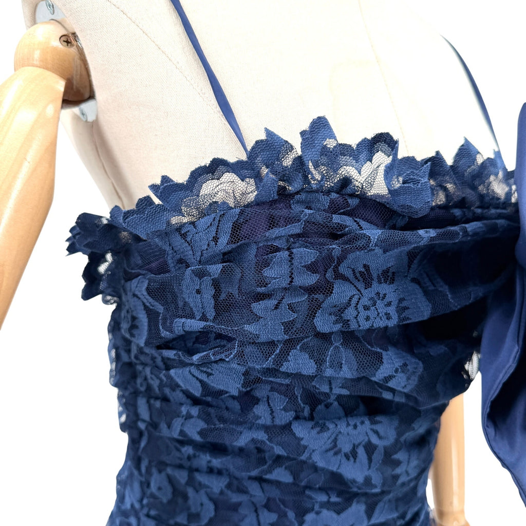 Vintage 80s Lillie Rubin Navy Blue Lace Bow Ruched Bodycon Wiggle Dress