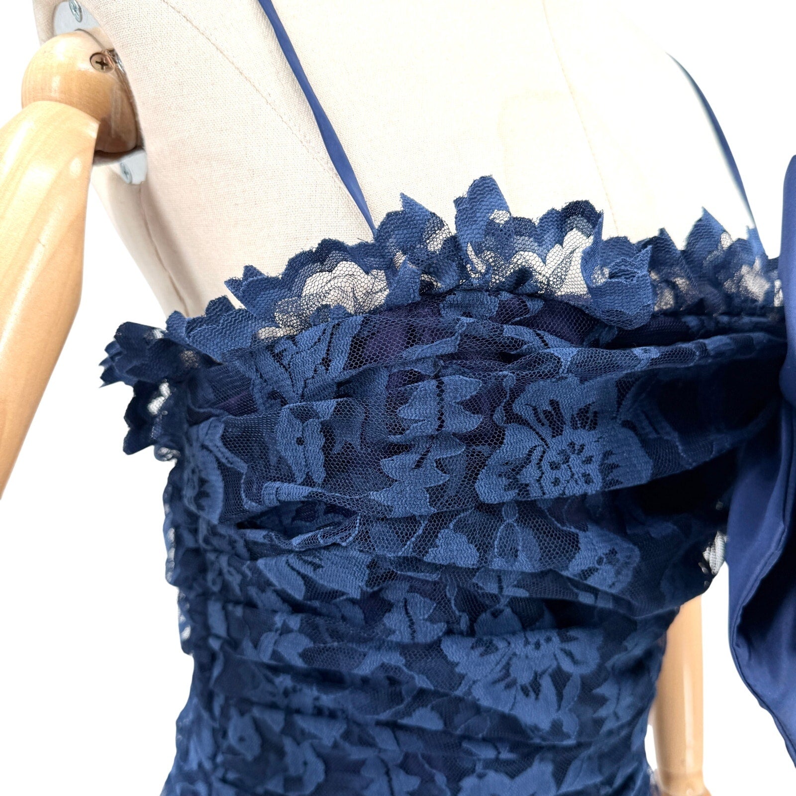 Vintage 80s Lillie Rubin Navy Blue Lace Bow Ruched Bodycon Wiggle Dress