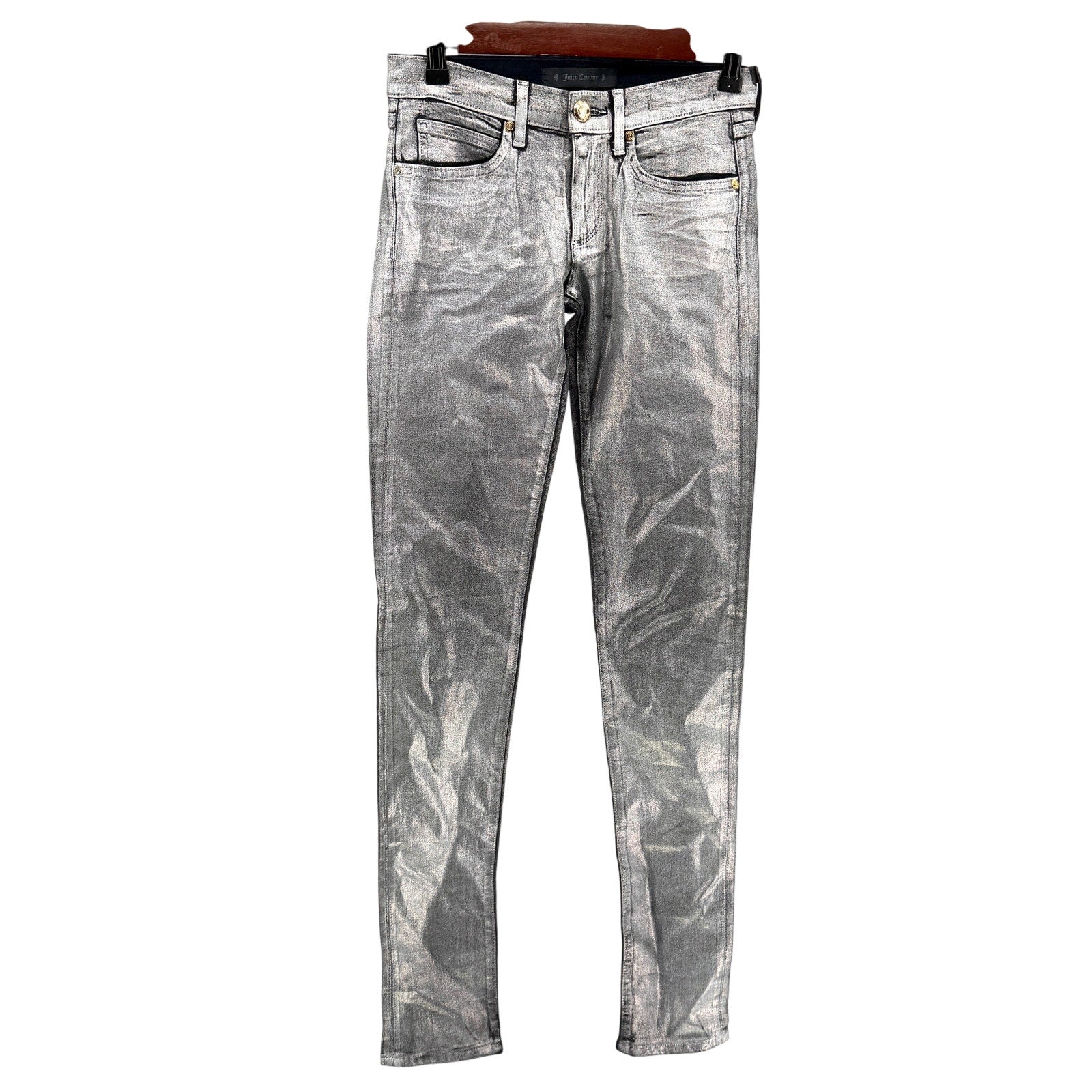 Juicy Couture Silver Metallic Wax Coated Stretchy Skinny Jeans