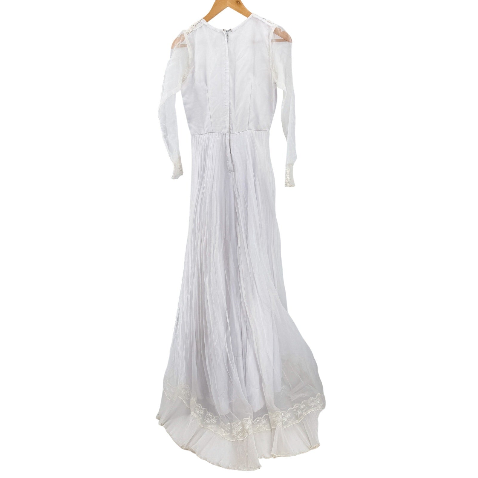 Vintage 70s Handmade White Lace Chiffon Prairie High Neck Wedding Dress Train