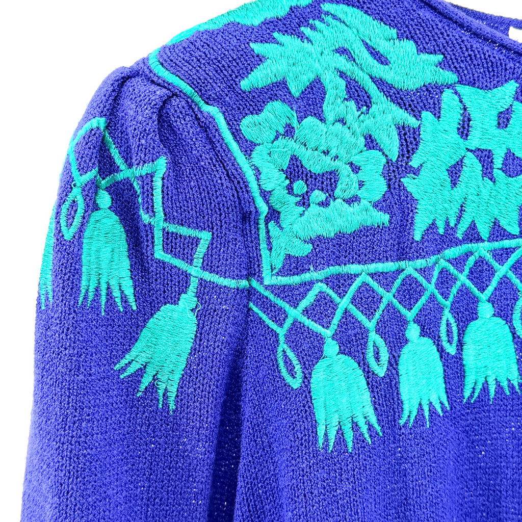 Vintage 80s Umi Collections by Anne Crimmins Blue Teal Embroidered Sweater