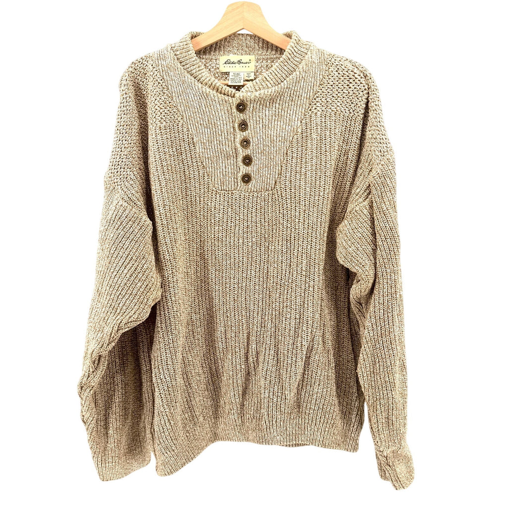 Vintage 90s Eddie Bauer Tan 100% Cotton Henley Marled Knit Sweater
