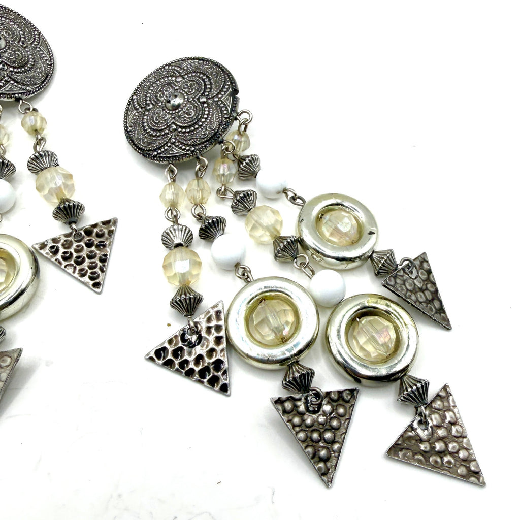 Vintage 80s Silver White Lucite Geometric Chandelier Statement Clip On Earrings