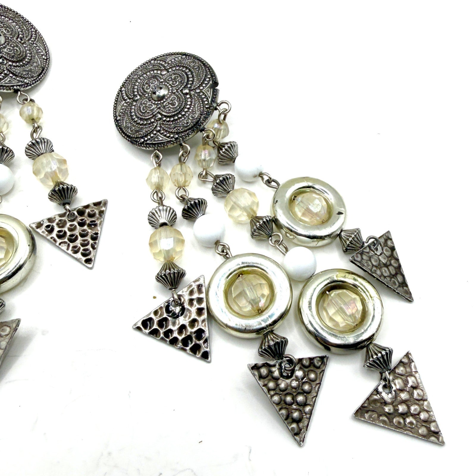 Vintage 80s Silver White Lucite Geometric Chandelier Statement Clip On Earrings