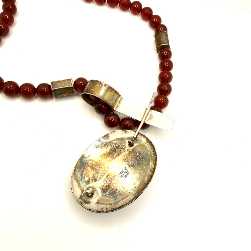 Vintage 90s Gale Self Choctaw Signed Sterling Silver Carnelian Pendant Necklace