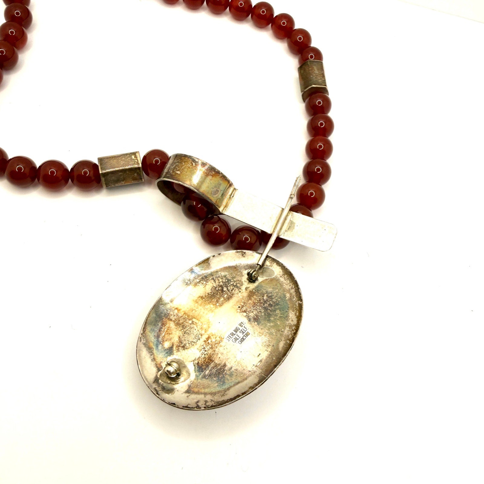Vintage 90s Gale Self Choctaw Signed Sterling Silver Carnelian Pendant Necklace