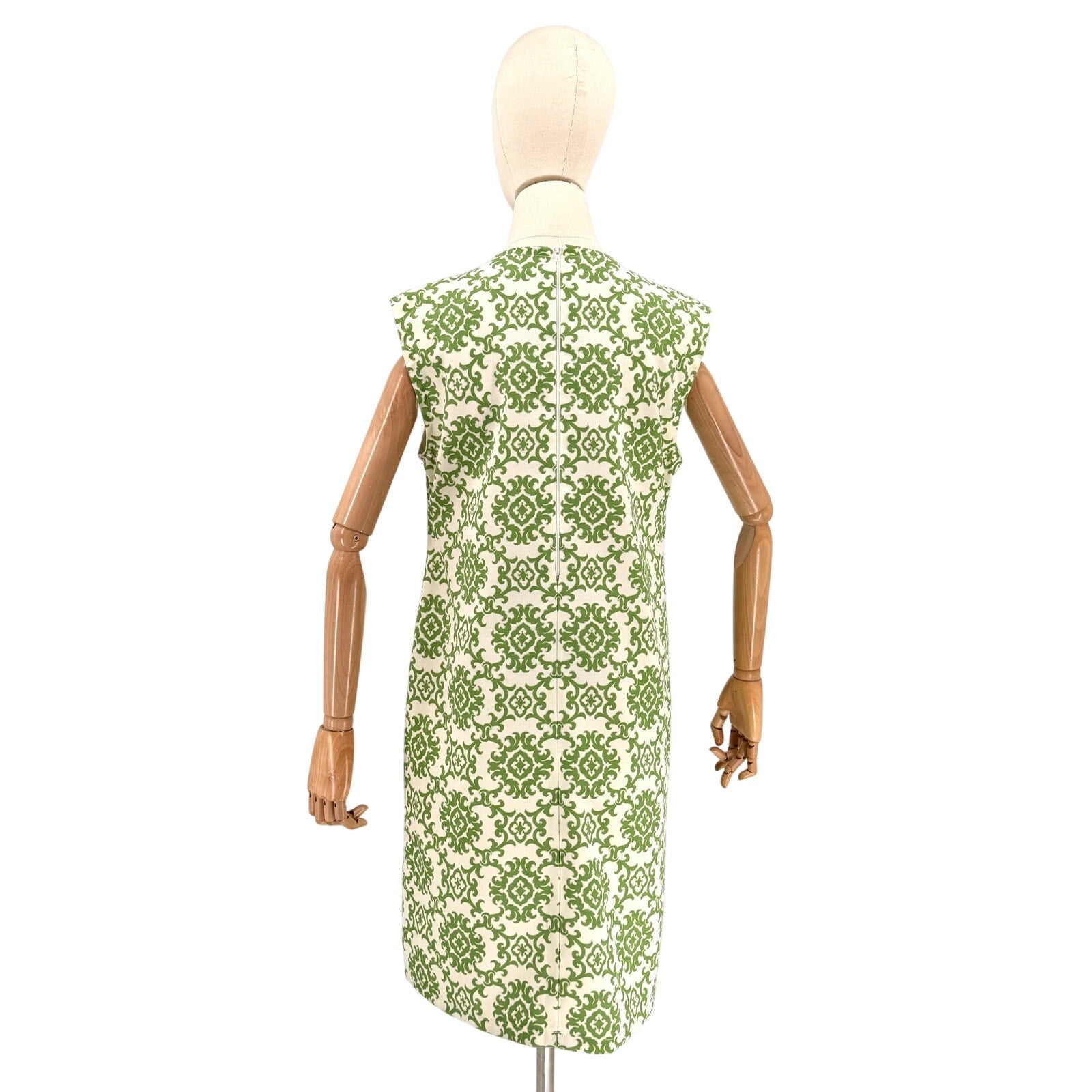 Vintage 70s Handmade Green White Damask 100% Cotton Shift Dress