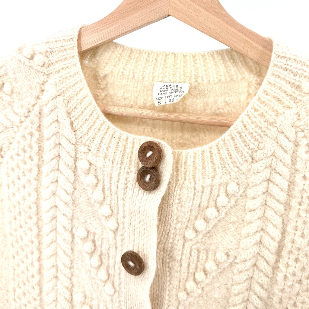 Vintage 70s Derek Clothes Cream 100% Wool Hand Knit Wood Button Cardigan