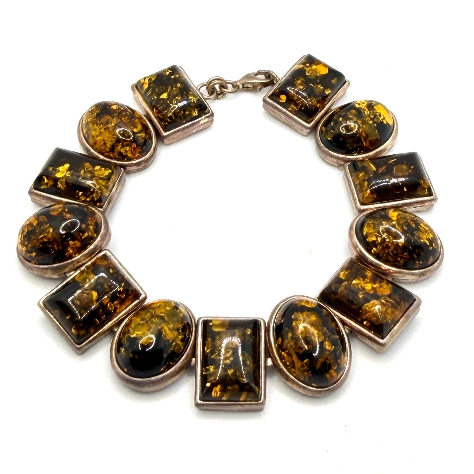 Vintage 90s Stamped Sterling Silver Green Amber Oval Rectangle Link Bracelet