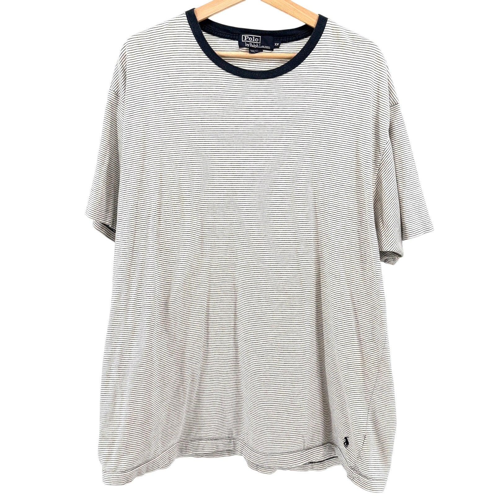 Vintage Y2K Polo Ralph Lauren White Navy Striped 100% Cotton Ringer T-Shirt
