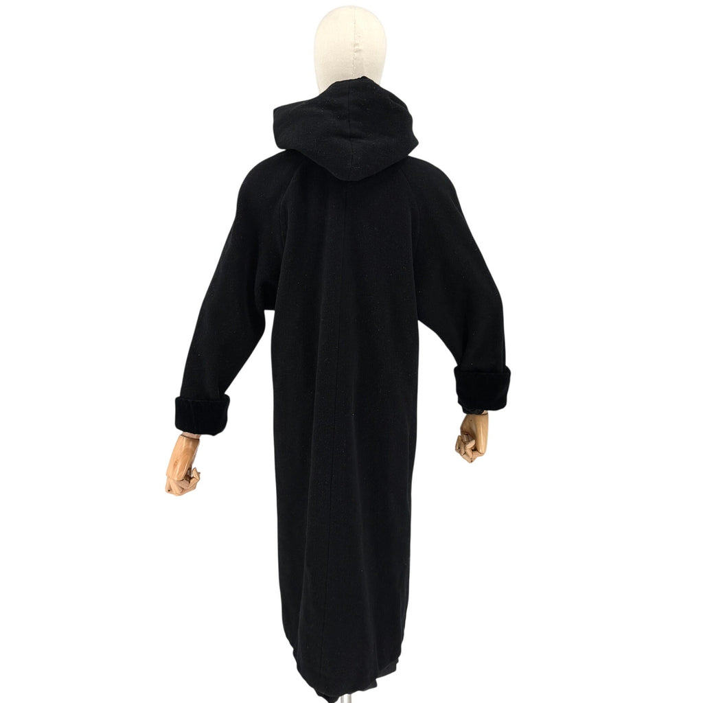 Vintage 90s Worthington Black 100% Wool Velvet Trim Hooded Long Overcoat