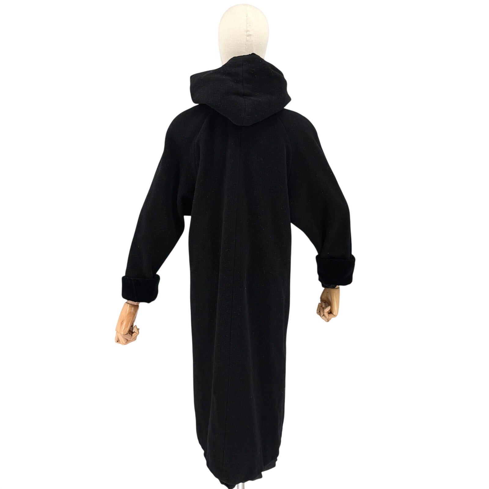 Vintage 90s Worthington Black 100% Wool Velvet Trim Hooded Long Overcoat