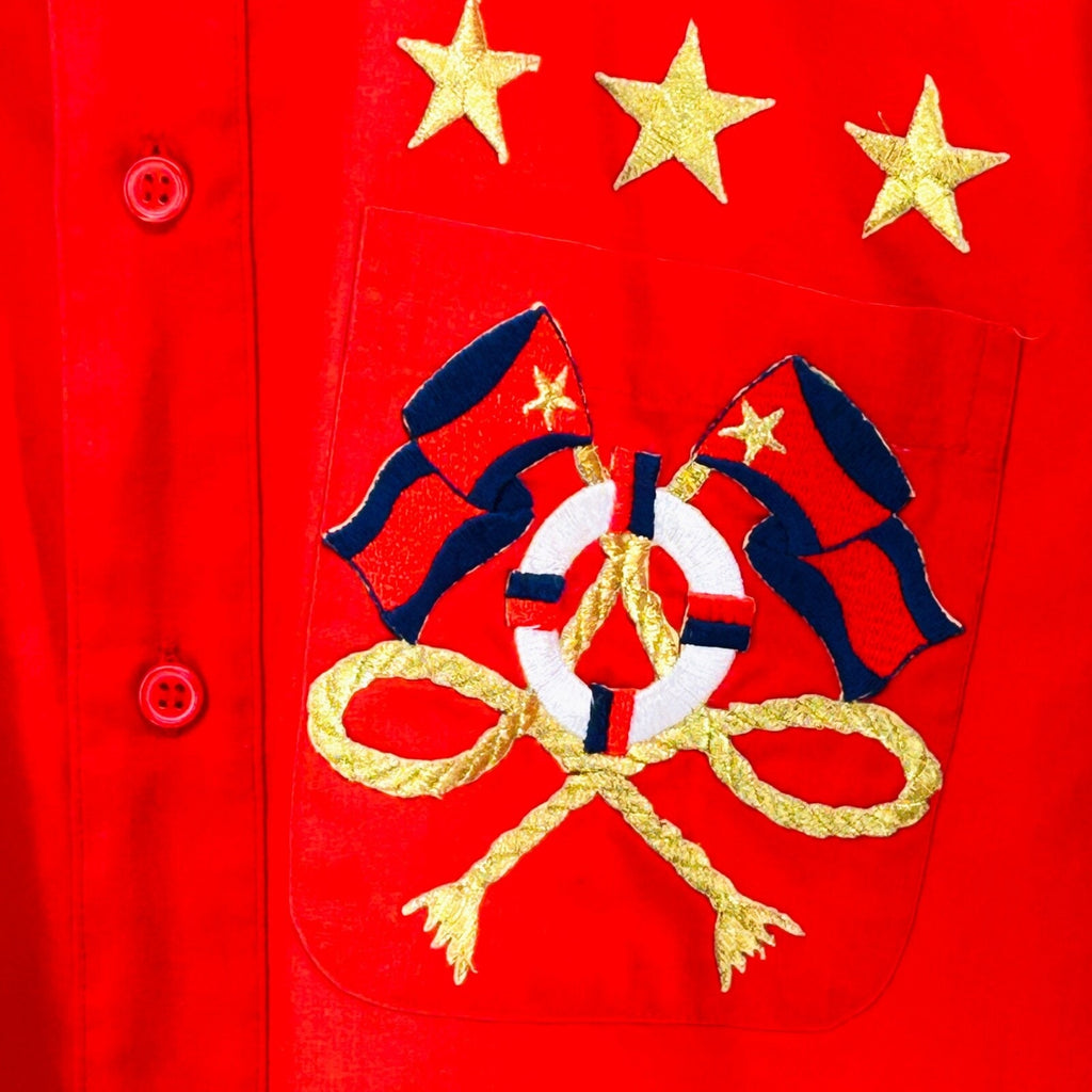 80s Marquis Red Nautical Long Sleeve Button Down Gold Sailing Patch Size S