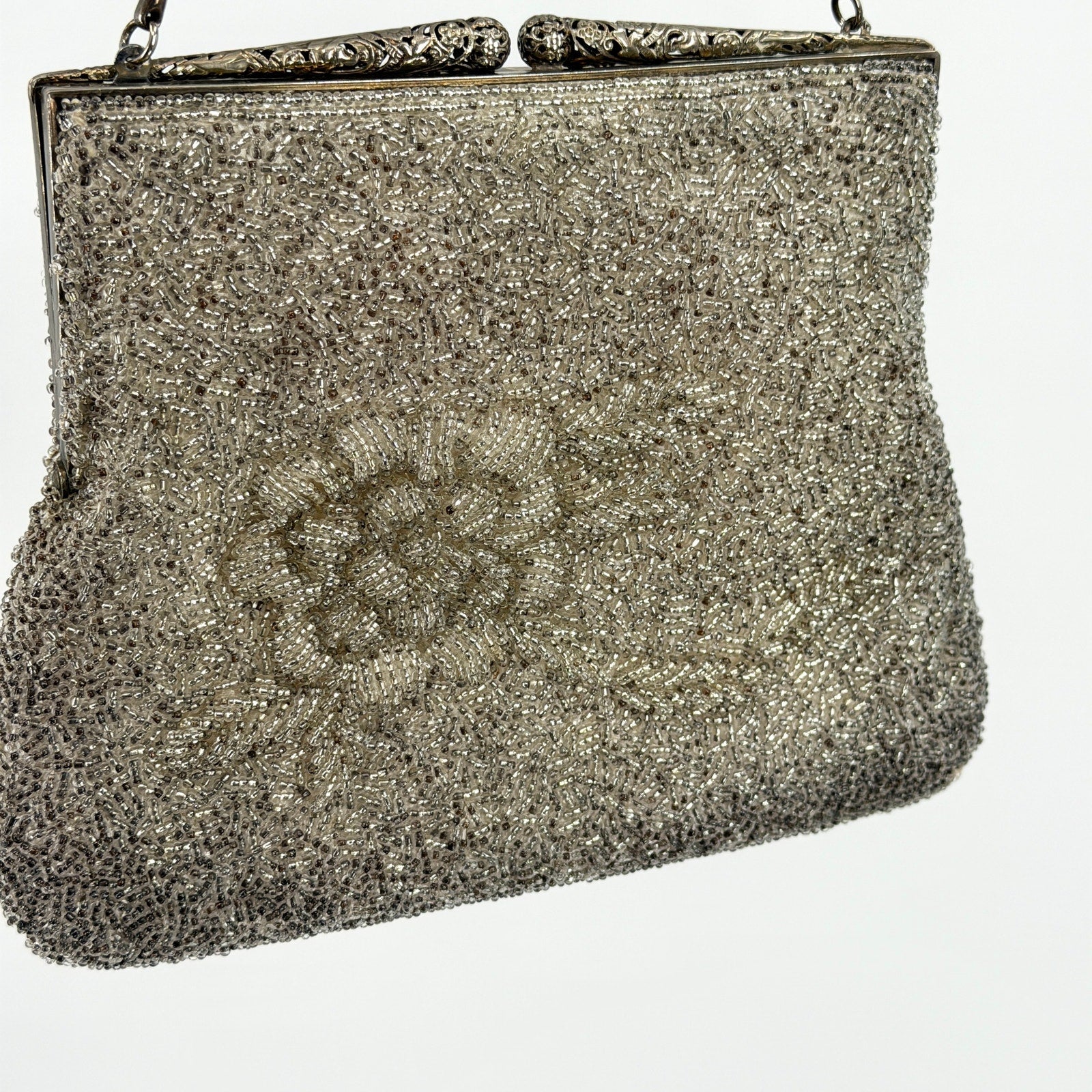 MINT Vintage 60s Silver Heavily Beaded Filigree Clasp Evening Handbag