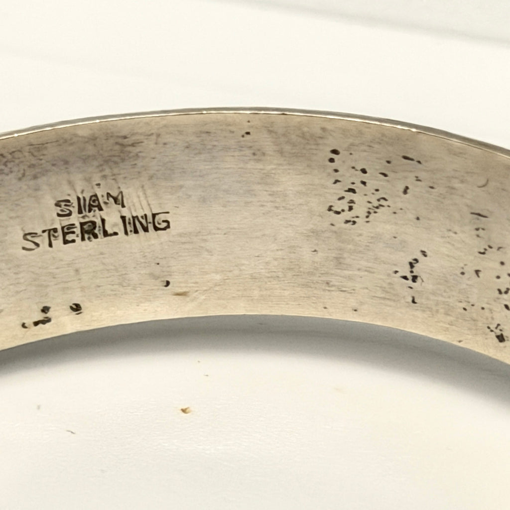 Vintage 50s Stamped Siam Sterling Silver Blue Niello Hinged Bangle