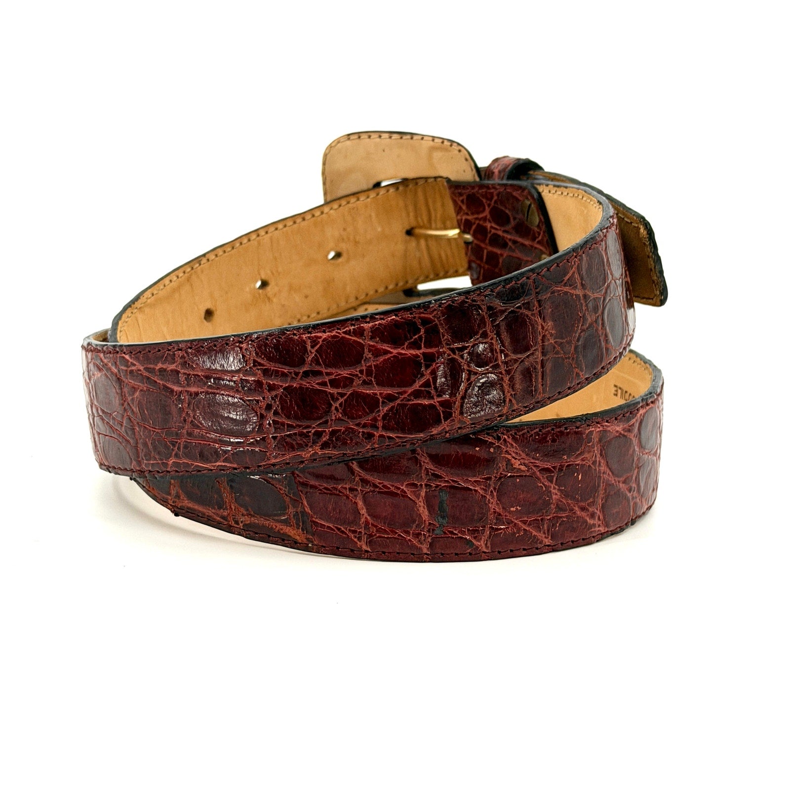 Vintage 90s Reddish Brown Genuine Crocodile Skin Minimalist Buckle Belt
