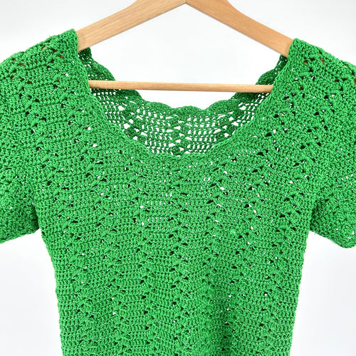 Kelly Green Crochet Open Weave Knit Top