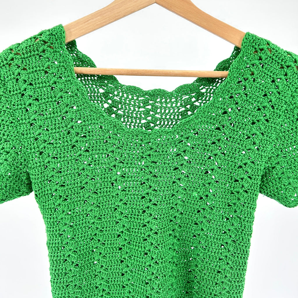 Kelly Green Crochet Open Weave Knit Top