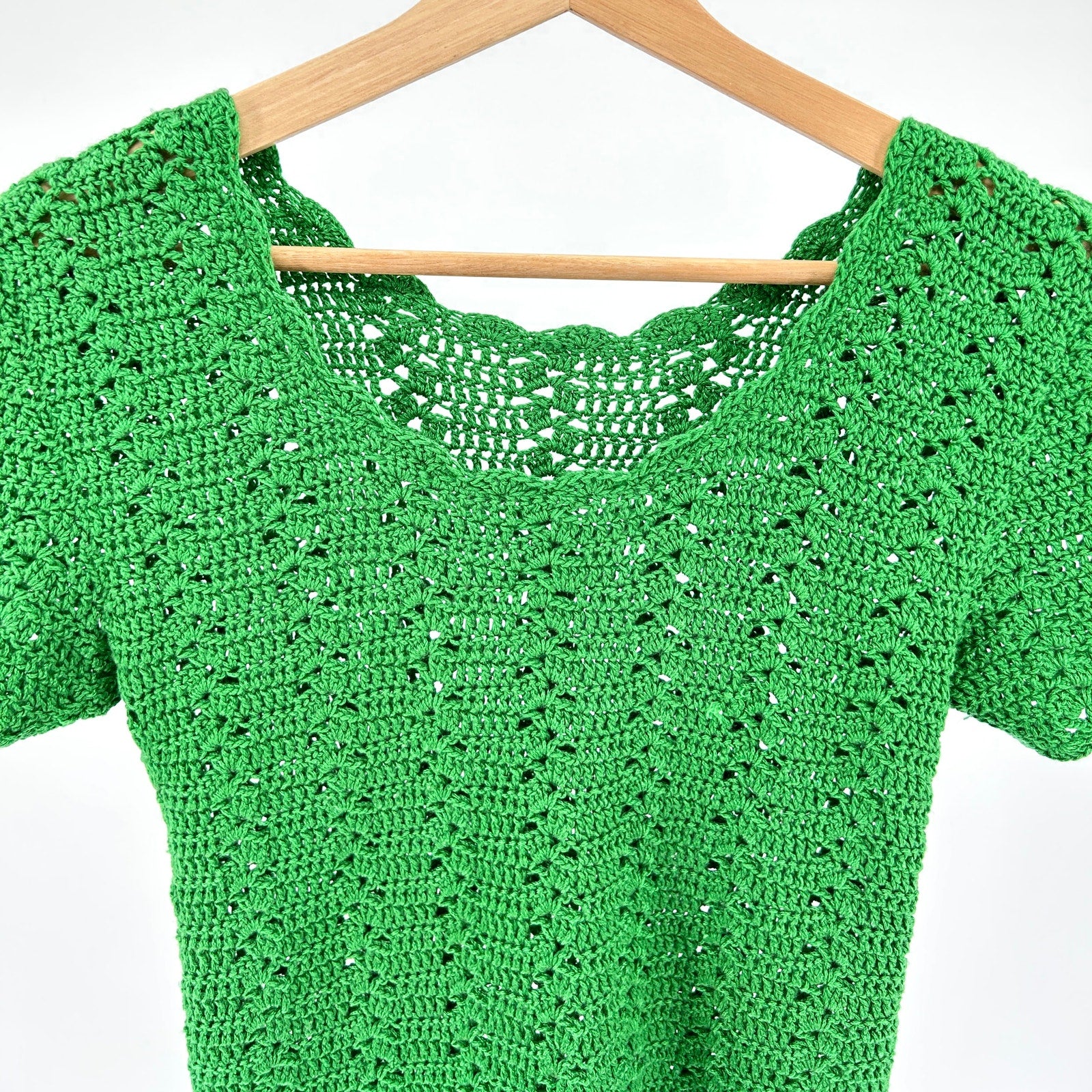 Kelly Green Crochet Open Weave Knit Top