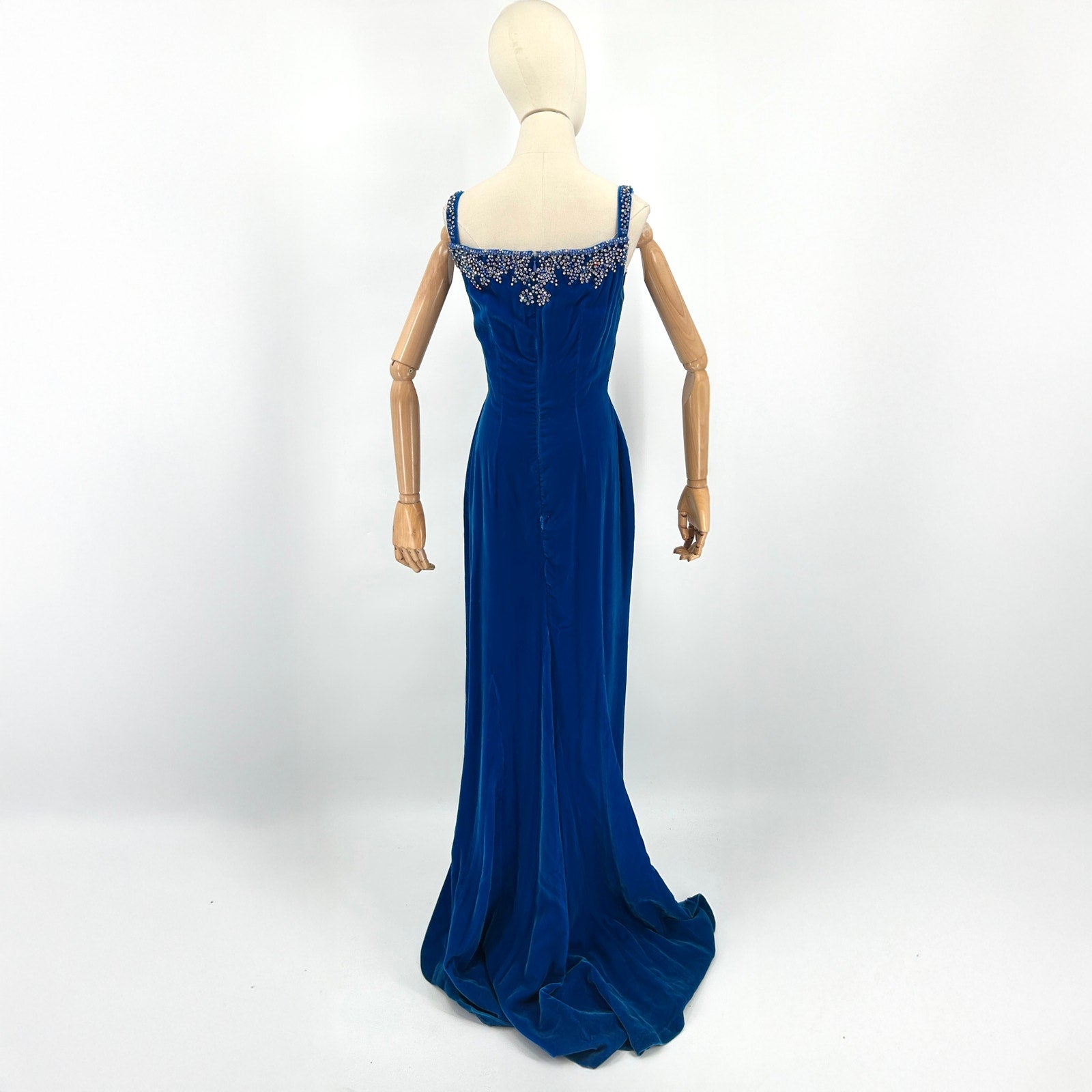Vintage 50s Jovani Blue Velvet Rhinestone Beaded Evening Gown Dress